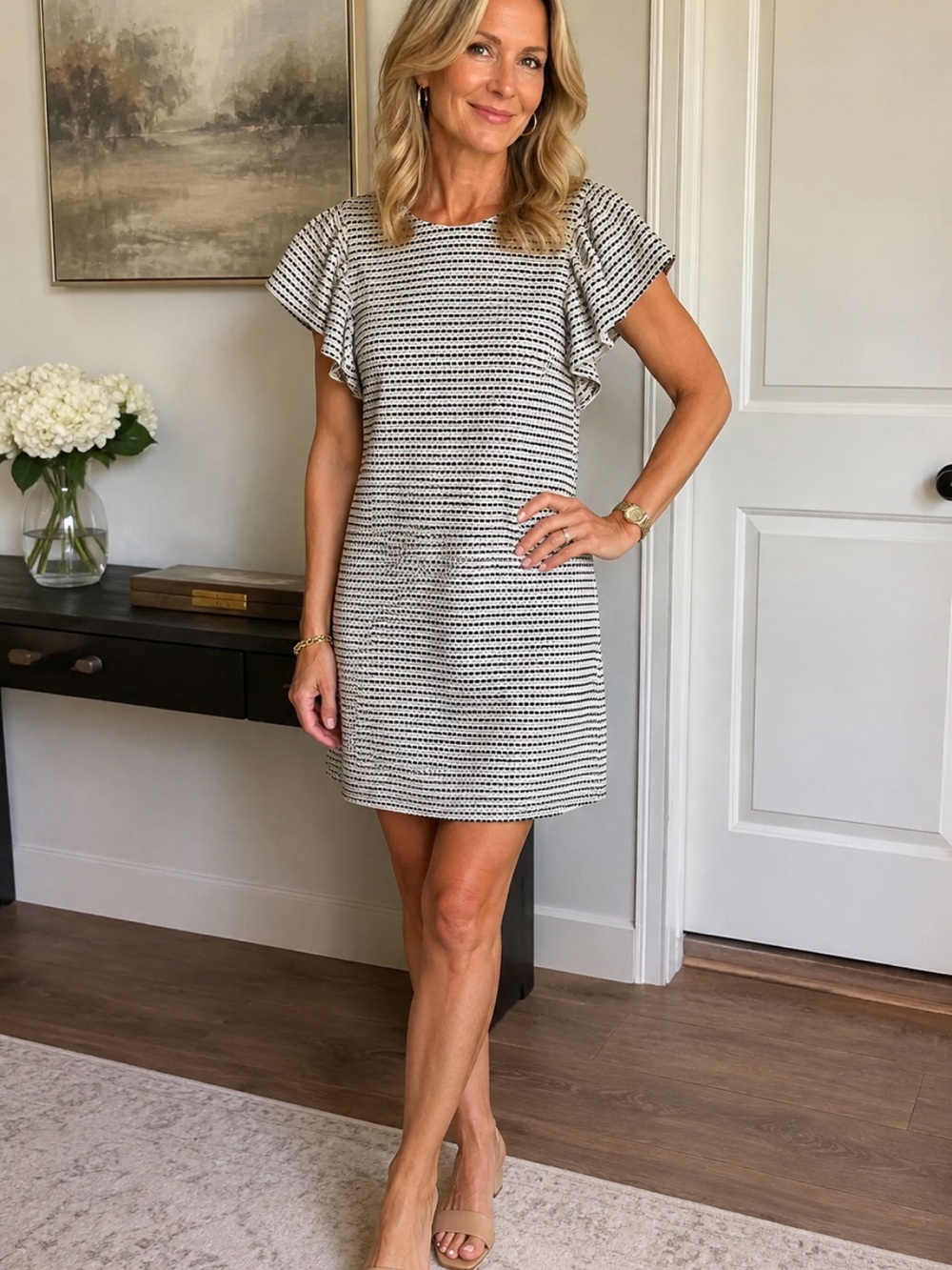 Calvin Klein White Dress with Black Dot Texture and Flutter Sleeves